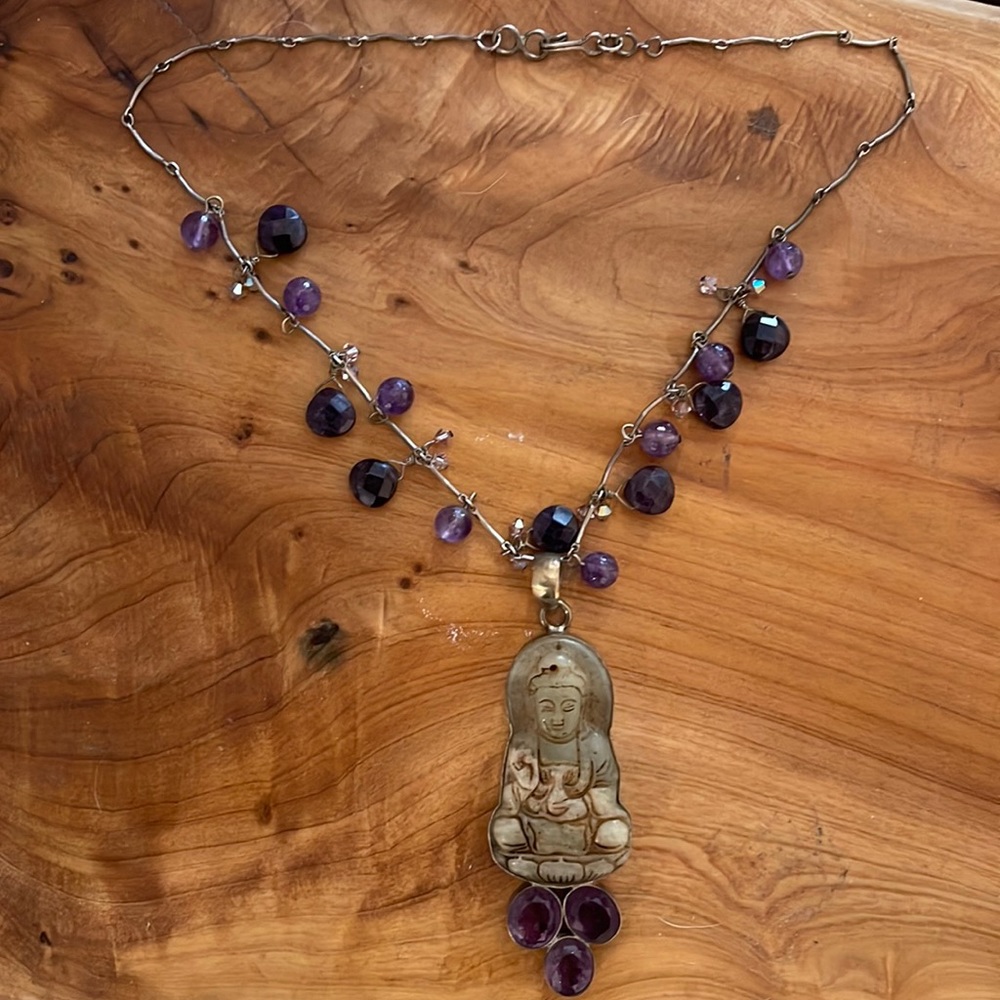 BUDDAH CARVED AMETHYST NECKLACE Soapstone STUNNING statement piece!!